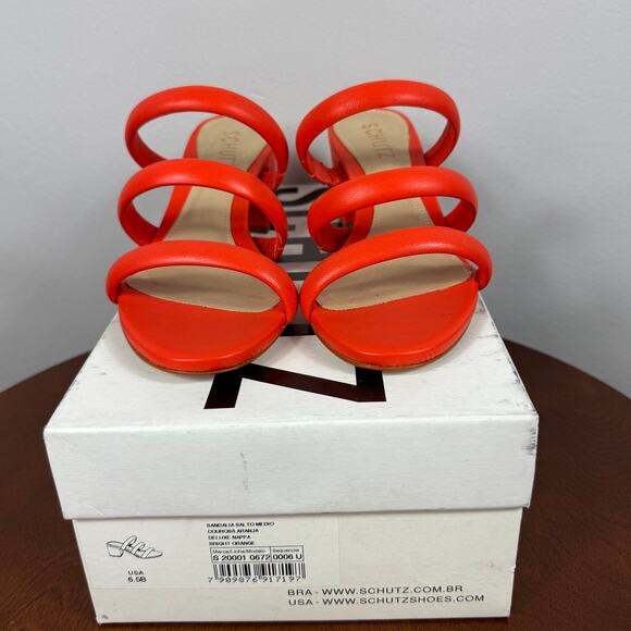 New Schutz Olly Mid Block Nappa Leather Sandal Bright Orange Size 6.5B - Picture 2 of 9